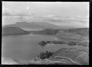 View of Lake Okareka with headland, looking to Mt Tarawera, Rotorua District