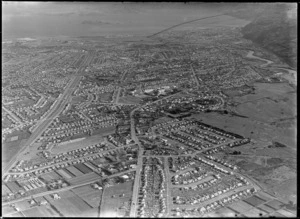 View south over Lower Hutt City with High Street in the foreground and Lower Hutt Hospital (centre) then Petone and Wellington Harbour beyond