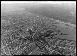 View south over the City of Lower Hutt and Lower Hutt Hospital to the suburb of Petone with Wellington Harbour beyond