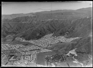 View of Lower Hutt city suburb of Naenae with Naenae Road in foreground and Eastern Hutt hills beyond, Wellington Region