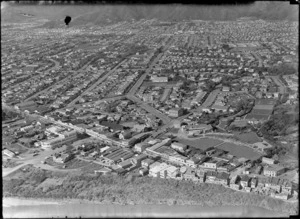 View over Lower Hutt with the Hutt River in foreground and the eastern Hutt hills and the suburb of Waterloo beyond, Wellington Region