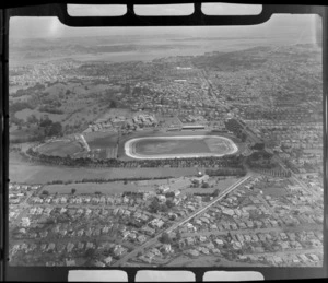 View of Alexandra Park with Greenlane Hospital and One Tree Hill, with Market Road in foreground, Epsom, Auckland city