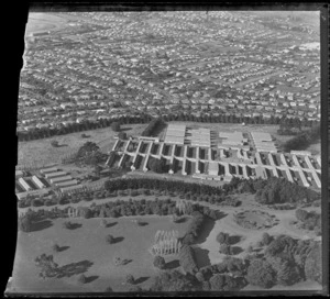 One Tree Hill Borough Council area and Cornwall Park with [Military Hospital?] in foreground, looking to the suburb of Ellerslie, Auckland City