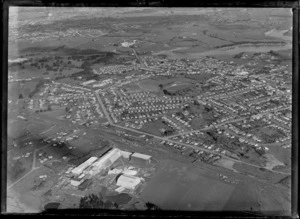 Passenger Transport Company coverage over the suburb of Otahuhu with Sturges Park, Saleyards Road, train station and the [Challenge Factory?] in foreground, Auckland City