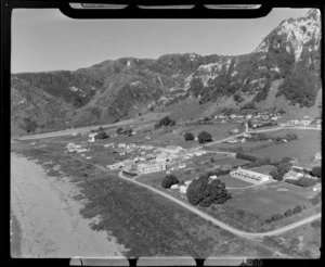 View of the coastal settlement of Te Araroa with Te Waha O Rerekohu Area School in foreground, Gisborne Region