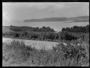 Stanmore Bay, Whangaparaoa, Auckland, including a road, looking out to Stanmore Bay