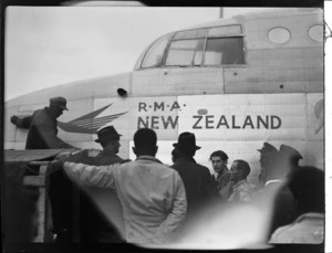 Members of the public inspect Tasman Empire Airways flying boat, RMA New Zealand ZK-AME, Lauthala Bay Suva, Fiji