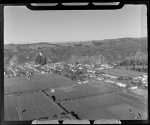 The town of Whakatane with farmland in foreground and residential houses beyond, Bay of Plenty Region