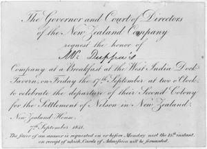 Photograph of an invitation to W Duppa requesting he attend a breakfast given by the New Zealand Company