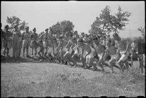 Start of the mile race at 5 New Zealand Field Regiment Gymkhana, Arce, Italy, World War II - Photograph taken by George Bull