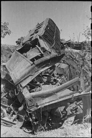 Wrecked railway carriages near the Terontola station, Italy, World War II - Photograph taken by George Kaye