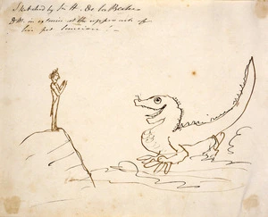 De La Beche, Henry Thomas 1796-1855 :Dr M in extassies at the approach of his pet Saurian / sketched by Sir H. de la Beche. [1830s?]