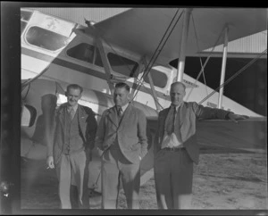 Air Travel Limited pilots, Hokitika, (L to R) F Malloy, N [Suttie?] and P C Lewis