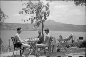 New Zealanders at Divisional HQ pinic enjoying their lunch at Lake Albano near Rome, Italy - Photograph taken by George Kaye