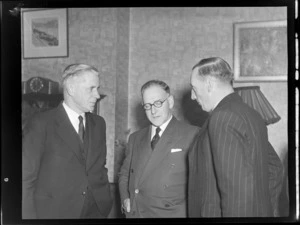 BCPA (British Commonwealth Pacific Airlines) opening dinner event, (L to R) Mr Shanahan, Mr Drakefor and Mr Jones, location unidentified