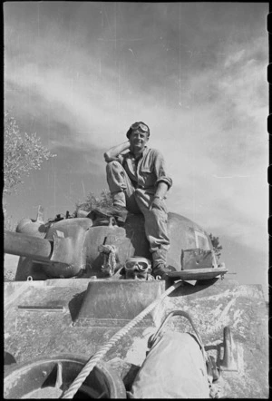 New Zealand tankie has good view of country as his tank advances towards Florence, Italy, World War II - Photograph taken by George Kaye
