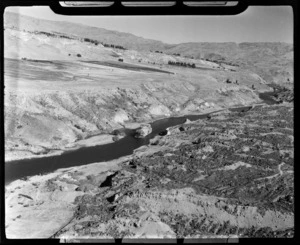 Kawarau River, Otago Region, showing a gold dredge on the river