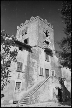 Tower on road to Florence, and used as observation post, shelled by New Zealand tanks in World War II - Photograph taken by George Kaye