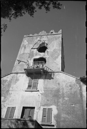 Close up of tower used as observation post and directly hit by New Zealand tank in World War II - Photograph taken by George Kaye