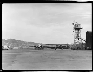 Control tower, including aircraft, at Rongotai Airport, Wellington