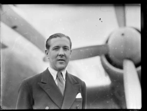 Squadron Leader P Roberts, pilot of a Vickers Viking aeroplane, at Whenuapai Airbase, Auckland