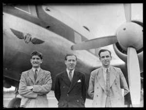 Flight crew of Vickers Viking aeroplane G-AJJN, showing Flight Lieutenant and co-pilot R Byrce (left), Squadron Leader and pilot P Roberts and Radio Operator Navigator W H Fell, at Whenuapai Airbase, Auckland