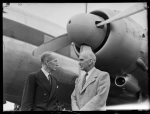Colonel C W Salmon (left) and Mr B W A Dickson, manager of Aircraft Section of Vickers Armstrongs Ltd, at Whenuapai Airbase, Auckland