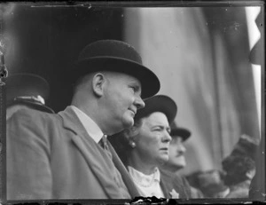 Mr TA Barrow and his wife Gwendolyn at the opening ceremony for British Commonwealth Pacific Airlines' trans Pacific service, Whenuapai Airport, Auckland