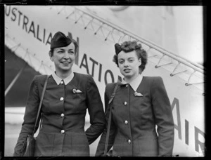 Trans Australian Airlines stewardesses, Pat Manton, left, and Joan Hutchens