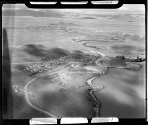 Lake Pukaki, Tekapo, Mackenzie District, Canterbury Region, showing site for hydro-electric power station, including temporary housing for workers