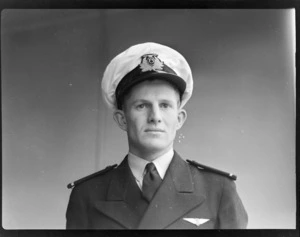 Portrait of Pilot 2nd officer M D Buchanan, of NZNAC (New Zealand National Airways Corporation)