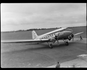 Aircraft ZK-AOI Douglas DC-3 'Dakota', has landed at Harewood Aerodrome (Christchurch International Airport)