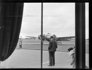 View of NZ NAC Lockheed 18-56 Lodestar aeroplane 'Kotuku' ZK-AIQ being parked at Harewood Airport, Christchurch City, Canterbury Region