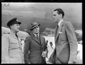 Captain P Taylor, centre, with DA Patterson and QA Campbell, at opening ceremony for British Commonwealth Pacific Airlines' trans Pacific service, Whenuapai Airport, Auckland
