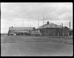 View of Omaka Airport buildings and hangar, Blenheim, Marlborough Region