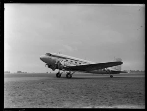 View of Dakota C-47B RNZAF transport plane ZK-AOH on the runway at Harewood Airport, Christchurch City, Canterbury Region