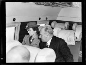 Portrait of Mr and Mrs Maurice Clarke passengers on visiting British Vickers Viking passenger plane G-AJJN