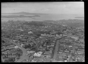 New Zealand Dry Cleaning company, Howe Street, Auckland, in the foreground, including Rangitoto Island in the distance