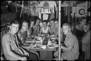 Part of crew of a World War II naval motor launch, based at Bari, on their mess deck - Photograph taken by George Bull
