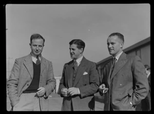 Portrait of TEAL employees (L to R) Mr Le Couteur, R S McHardy and I C Patterson, [Mechanics Bay, Auckland City?]