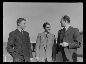 Portrait of TEAL employees (L to R) F W Kilgour, R Puttick and J S Shorthouse, [Mechanics Bay, Auckland City?]