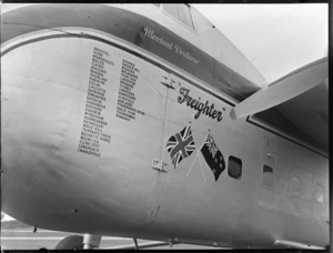Close-up of names of airports visited on the front cargo door of Bristol Freighter transport plane Merchant Venturer' G-AIMC, Whenuapai Airfield, Auckland