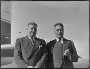 Two passengers (from left) C G Macindoe and A D Hall, on a Bristol Freighter trip to Kaikohe and returning to Auckland