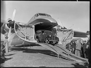 J B O'Loghlen and Company Limited truck, inside a Bristol Freighter aircraft, Kaikohe