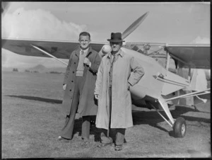 Mr E Grey (Horeke) (from left), owner of a Auster ZK-AOB aircraft and Mr H Hulme who flew over to see the Bristol Freighter at Kaikohe