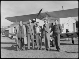 Aero Club members, from left, Mr L B Nicholls, Mr F G Fraser, Mr S Main (vice president), Mr T Webster (Club Captain and Hon. Inst. [Honorable Instructor], and Mr B Walken (Secretary), Rotorua, Bay of Plenty