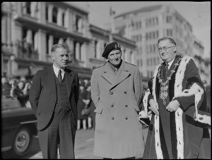 Honorable F Jones (left), Lord Montgomery, and Mayor of Wellington Mr W Appleton, at a parade, Wellington