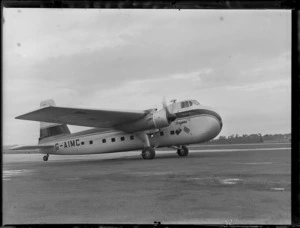 Side view of the visiting Bristol Freighter transport plane 'Merchant Venturer' G-AIMC, Whenuapai Airfield, Auckland