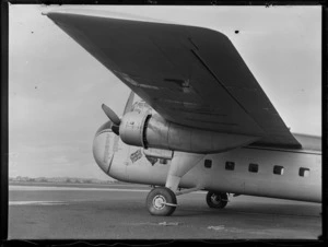 Front section side view of the visiting Bristol Freighter transport plane 'Merchant Venturer' G-AIMC, Whenuapai Airfield, Auckland