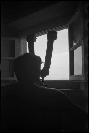Inside observation post of 6 NZ Infantry Brigade during advance towards Florence in Italy, World War II - Photograph taken by George Kaye